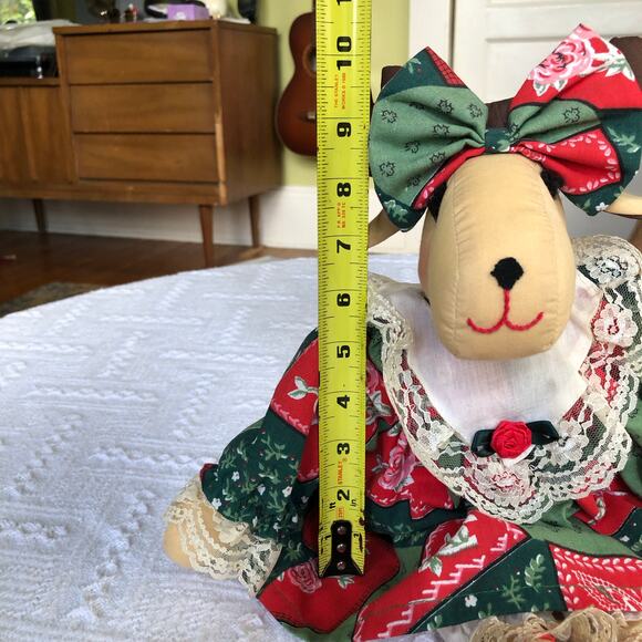 Handmade Country Christmas Moose Doll 16” Patchwork Lace Dress Farmhouse Decor - Picture 14 of 16